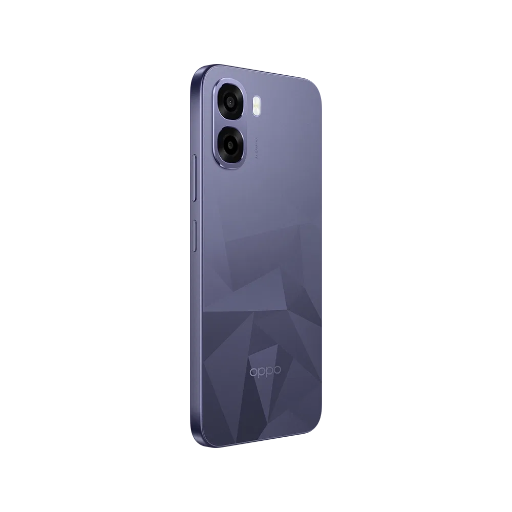 Mor Oppo A6T 5G akıllı telefon, arka yüzey ve çift kamera modülü detaylı görünüm