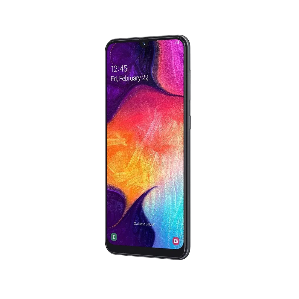 Siyah Samsung Galaxy A50 akıllı telefon, çentikli ekran ve renkli duvar kâğıdı ile önden görünüm