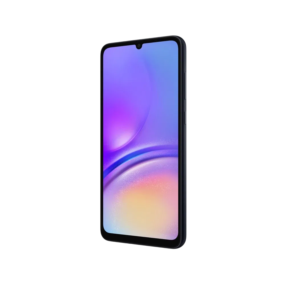 Samsung Galaxy A05 siyah akıllı telefon, önden görünüm; ince çerçeve ve damla çentikli geniş ekran