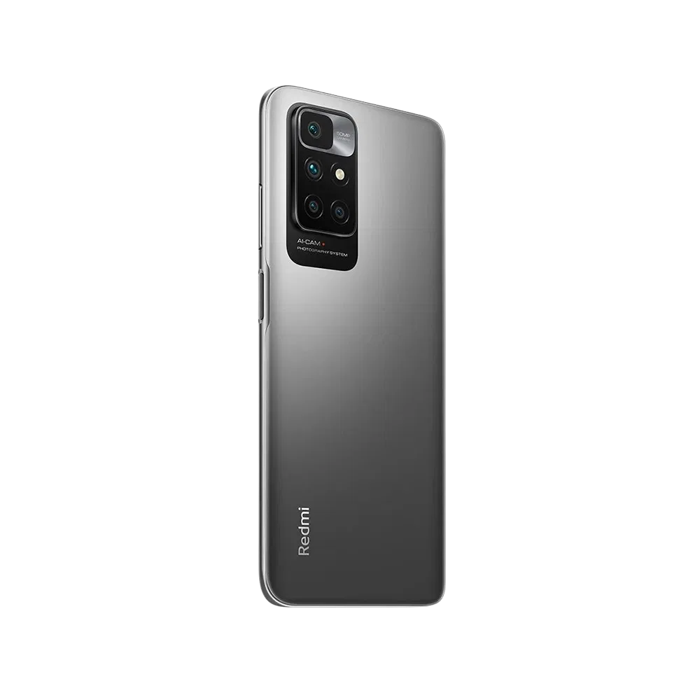 Xiaomi Redmi 10 2022 siyah akıllı telefonun arka yüzü, dörtlü kamera modülü ve Redmi logosuyle