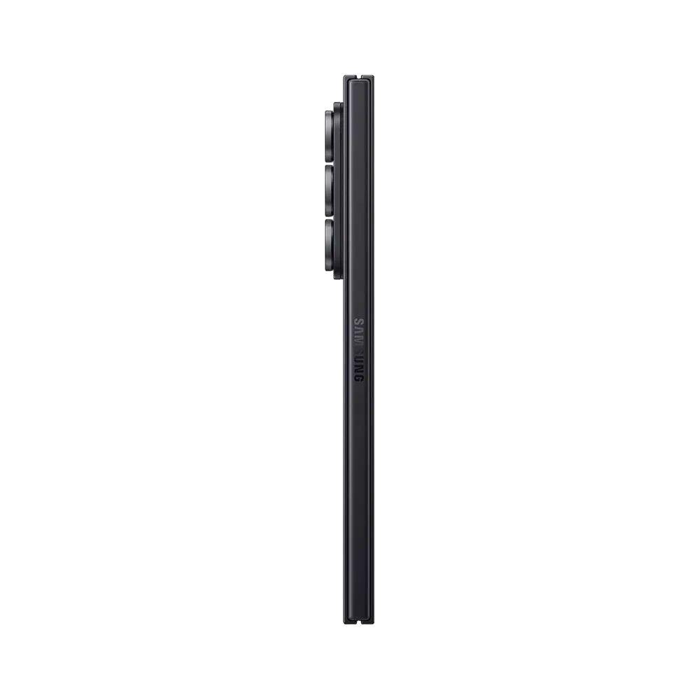 Samsung Galaxy Z Fold7 siyah akıllı telefonun yandan görünümü, ince gövde ve arka kamera çıkıntısı