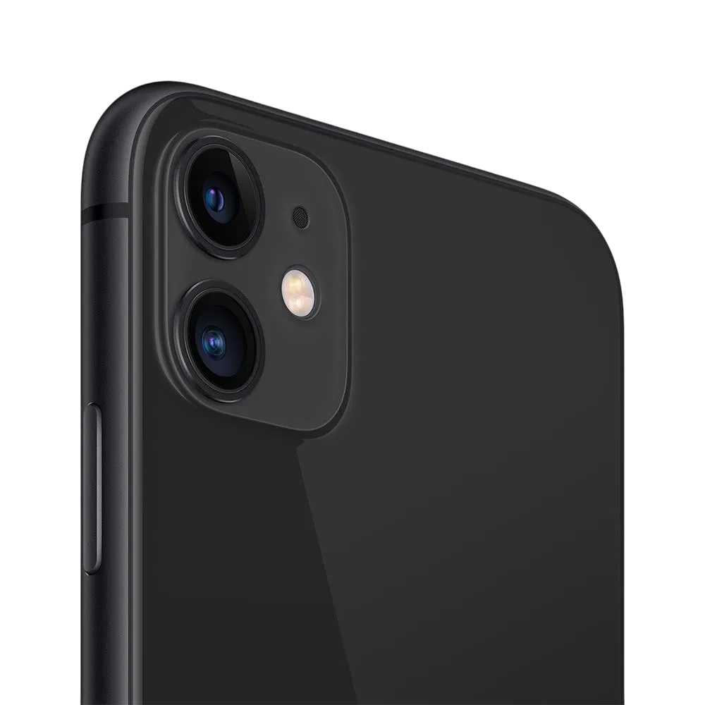 Siyah Apple iPhone 11 akıllı telefonun arka kamera modülünü gösteren yakın plan detay görünümü