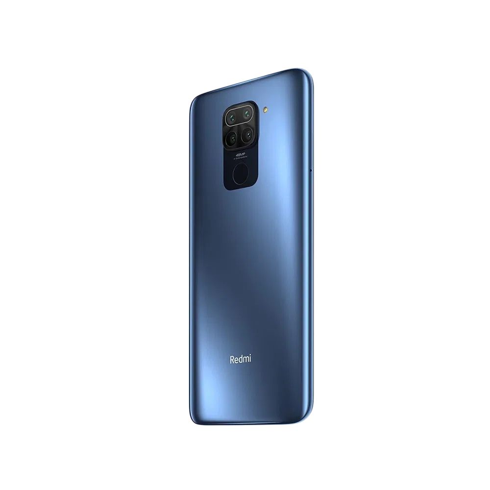 Xiaomi Redmi Note 9 mavi akıllı telefonun arka yüzü, dörtlü kamera modülü ve parmak izi okuyucu detaylı