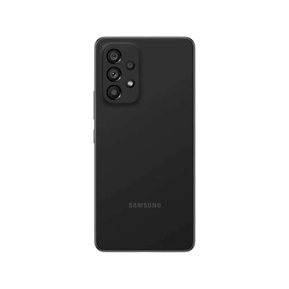 Samsung Galaxy A53 siyah akıllı telefonun arka yüzü, çoklu kamera modülü ve mat tasarım detaylı
