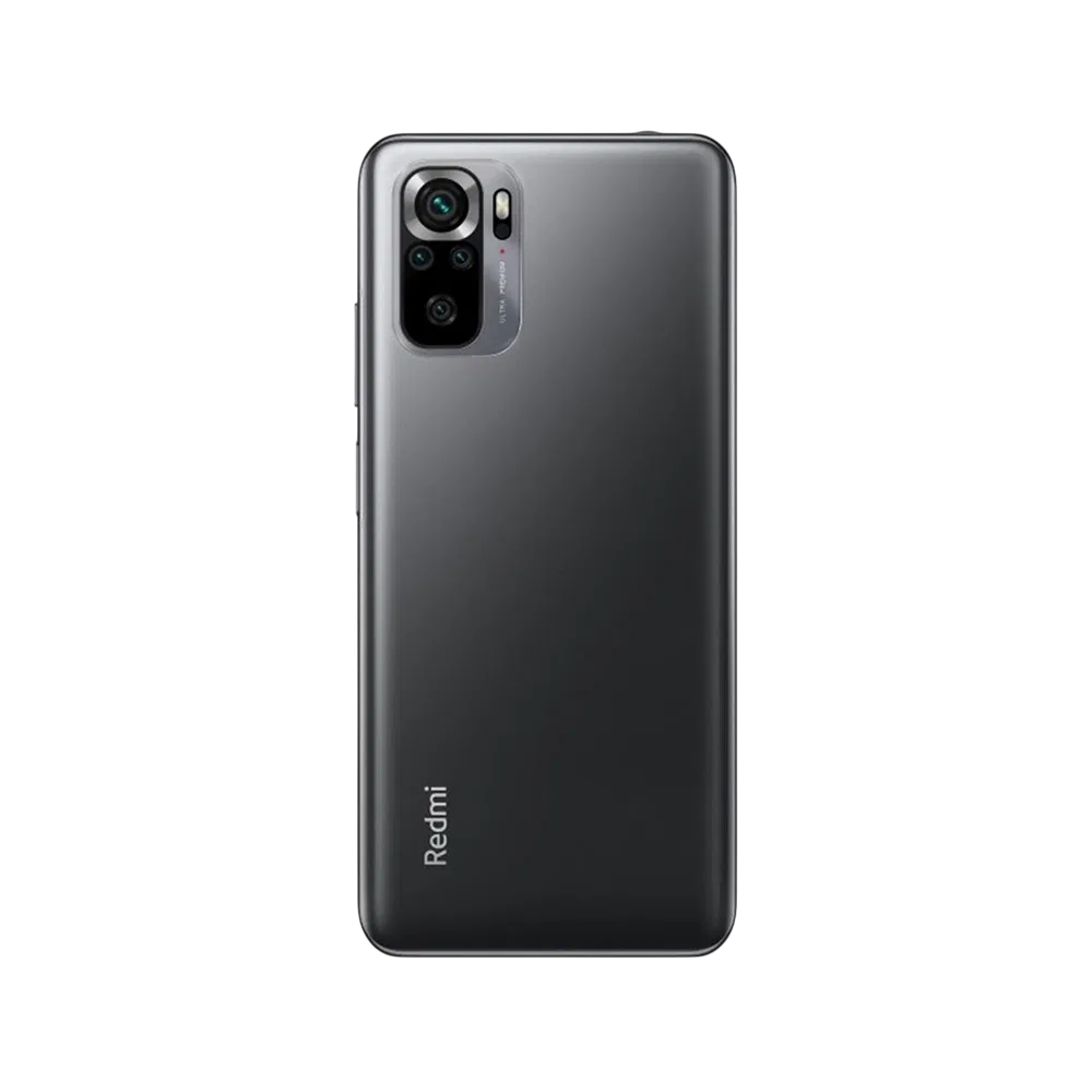 Xiaomi Redmi Note 10S siyah akıllı telefonun arka yüzü, dörtlü kamera modülü ve flaş detayı