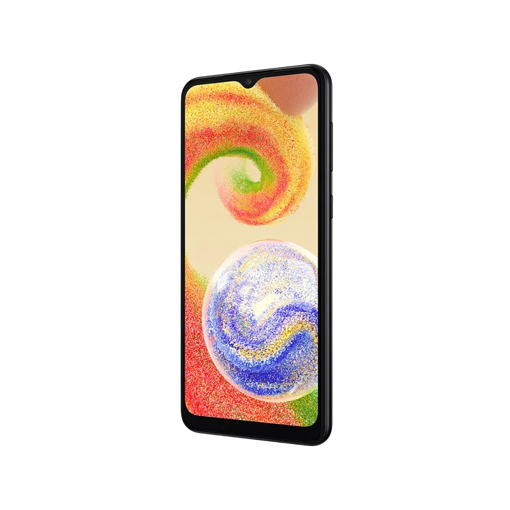 Siyah Samsung Galaxy A04 akıllı telefon, önden görünümde geniş ekran ve damla çentik tasarımı