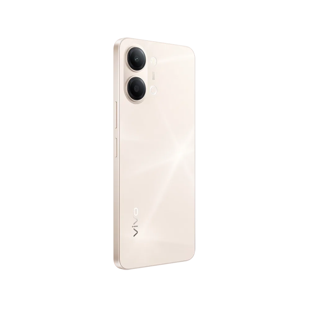 Vivo Y21 5G altın akıllı telefon, arka çift kamera modülü ve yan tuşları görünüyor