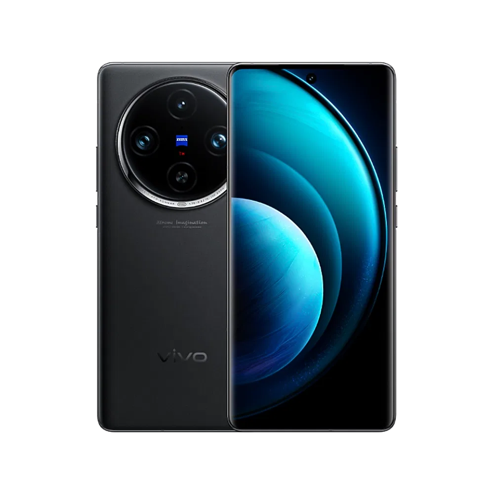 Vivo X100 Pro siyah akıllı telefon, ön ekran ve büyük dairesel arka kamera modülüyle vitrin görünümü