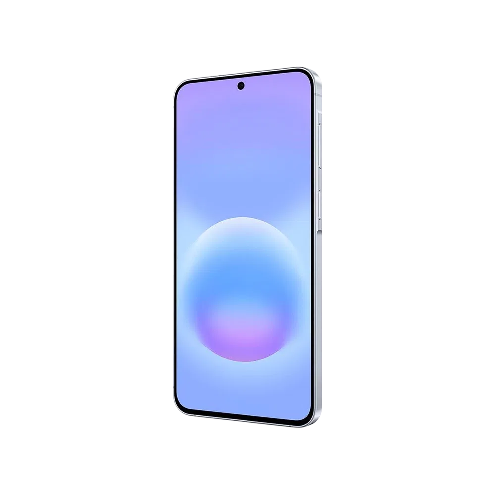 Samsung Galaxy A57 5G akıllı telefon, Buz Mavisi renkli ince çerçeveli ön ekran ve yan profil görünümü