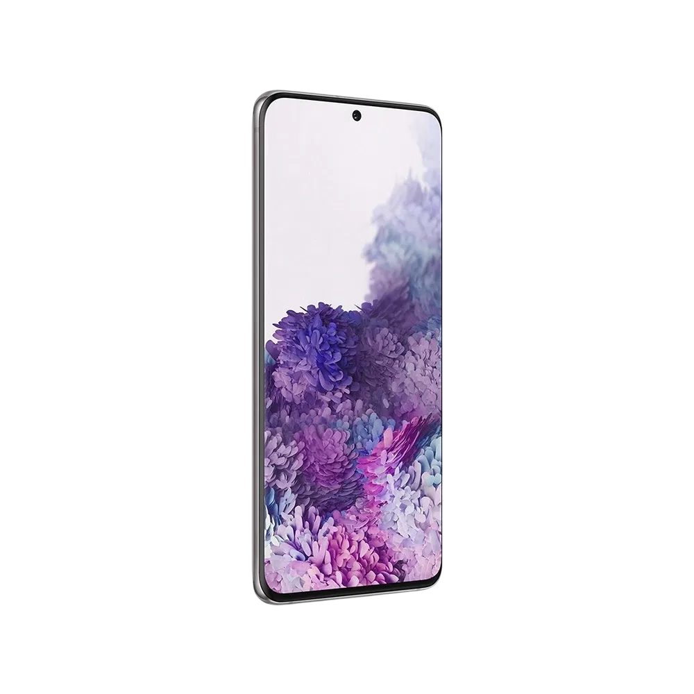 Gri Samsung Galaxy S20 akıllı telefon, ince çerçeveli ekran ve delikli ön kamera ile önden görünüm