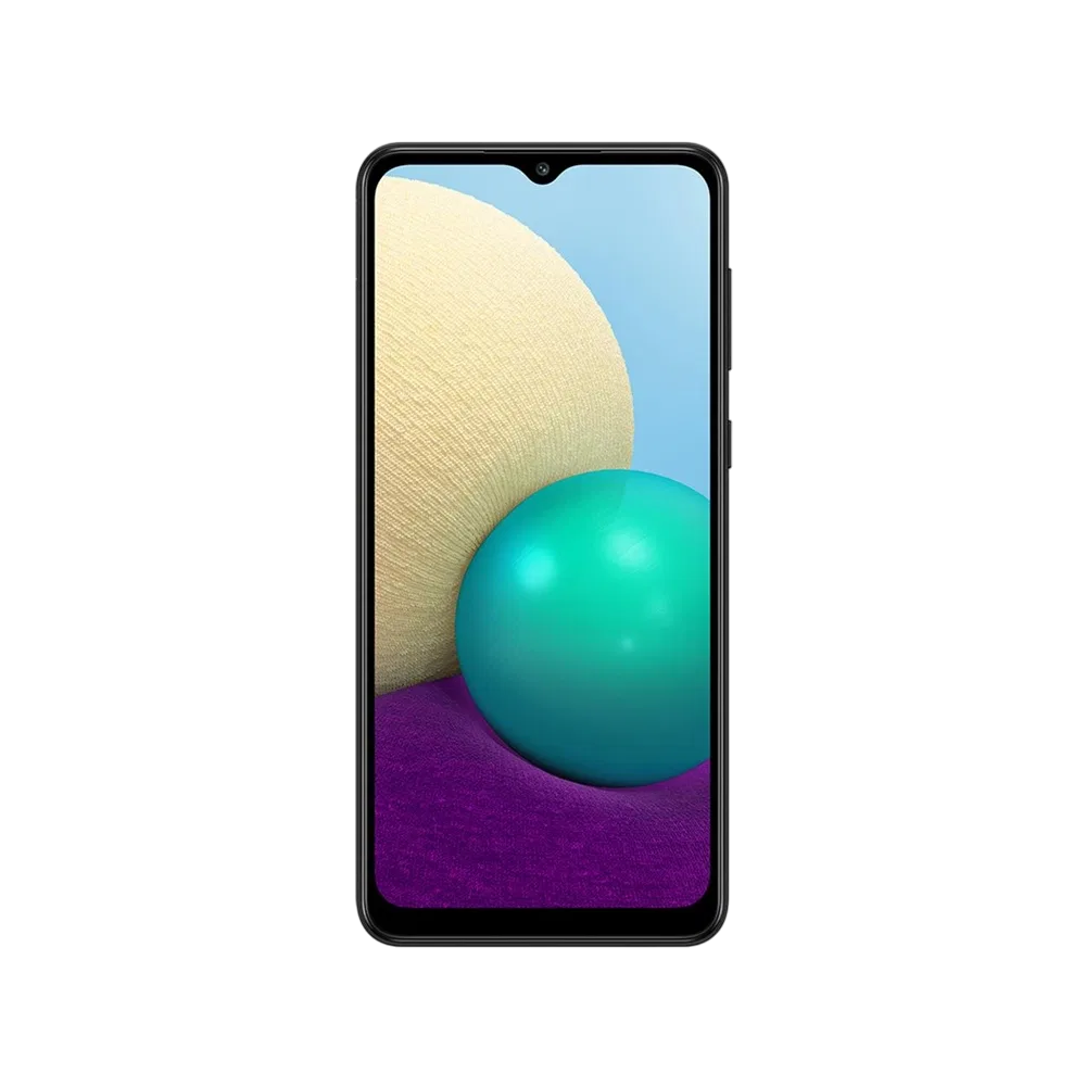 Samsung Galaxy A02 siyah akıllı telefon, önden görünüm ve damla çentikli geniş ekran tasarımı