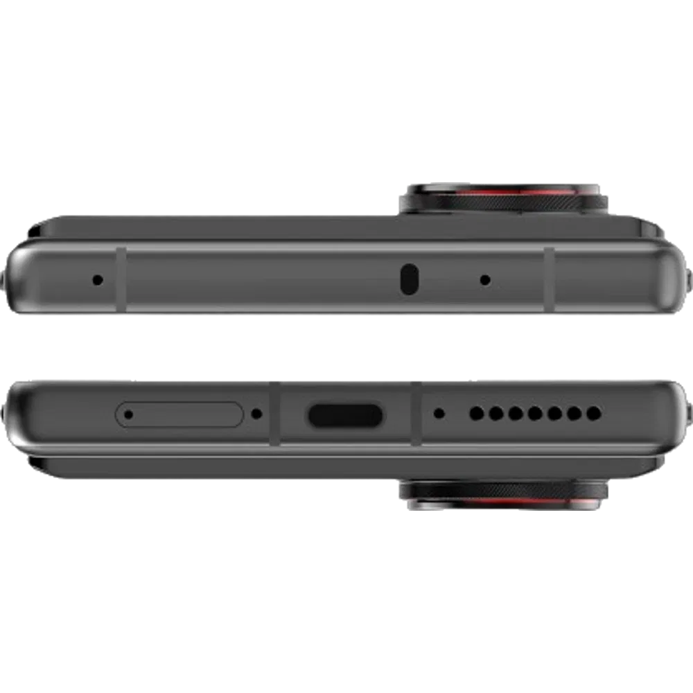 Siyah ZTE Nubia Z80 Ultra akıllı telefonun üst ve alt kenar detayları, USB-C girişi ve hoparlör ızgarası