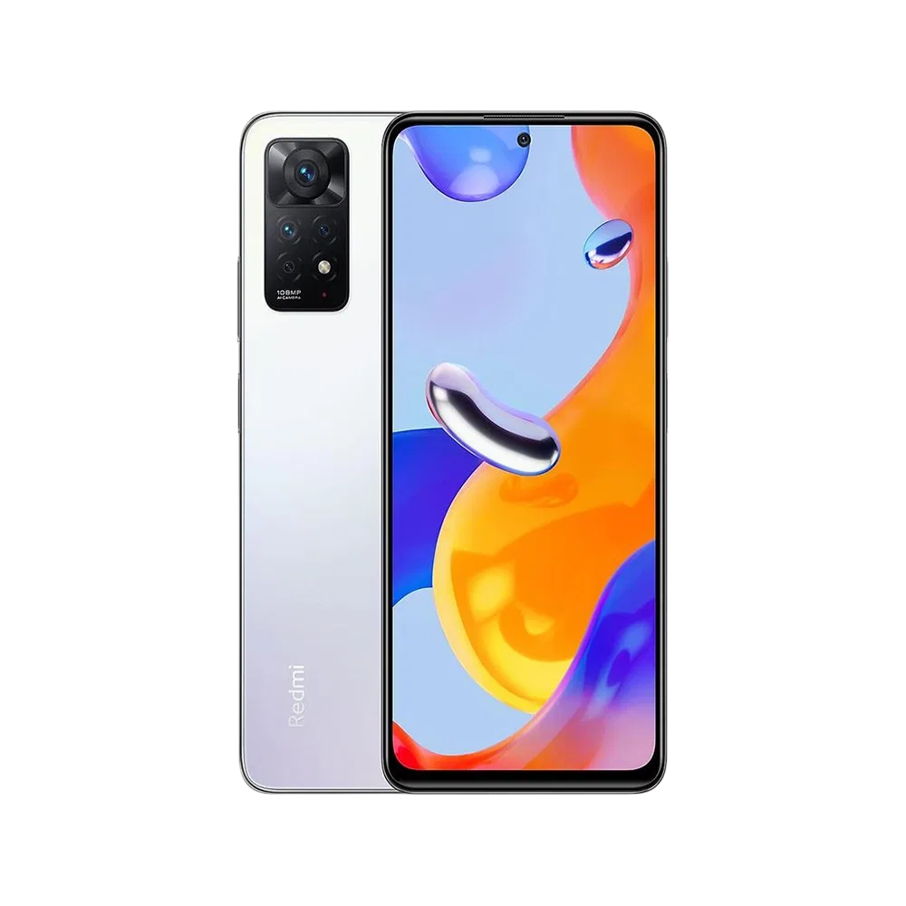 Xiaomi Redmi Note 11 Pro 5G beyaz akıllı telefon, ön ekran ve arka çoklu kamera tasarımıyla birlikte