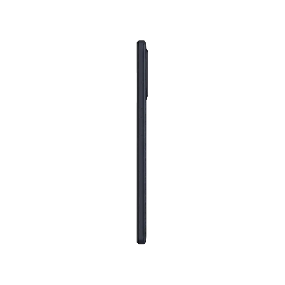 Xiaomi Redmi 12C siyah akıllı telefonun yandan görünümü, ince gövde ve tuş detaylarıyla