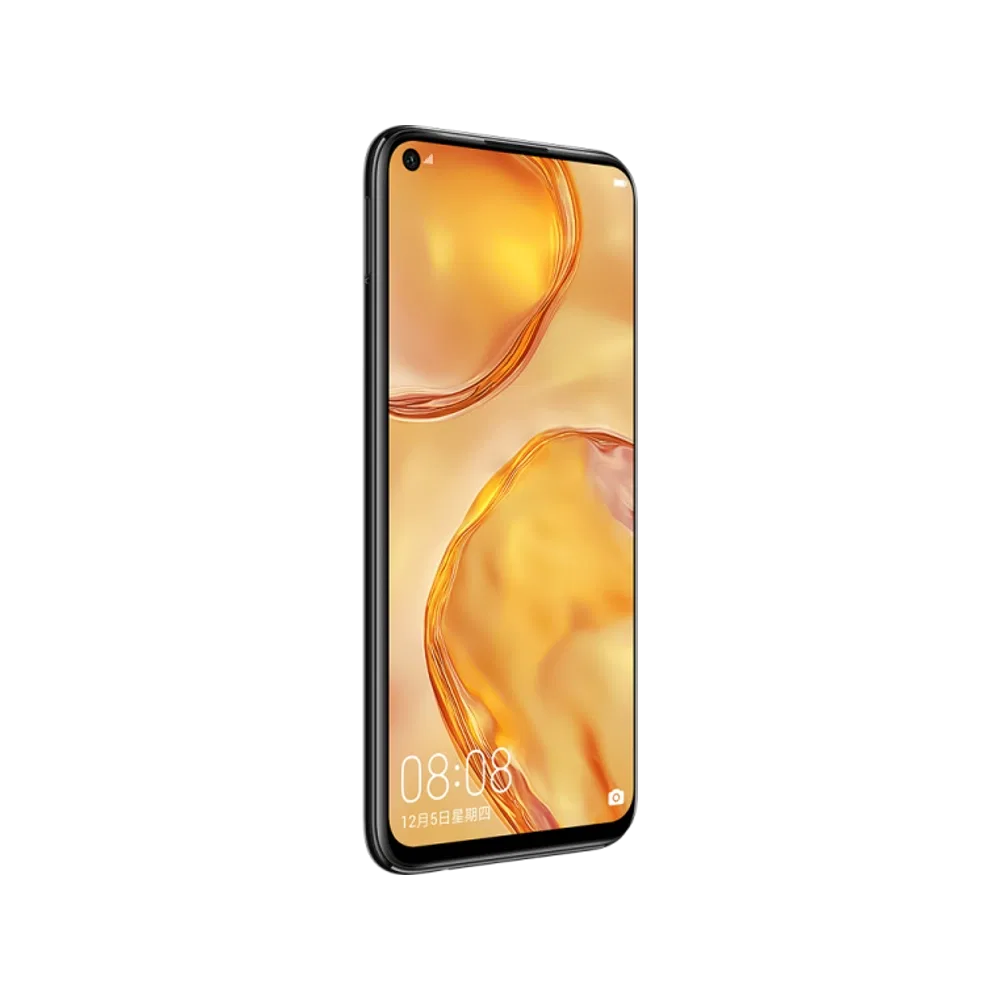 Huawei P40 Lite siyah telefon, turuncu duvar kâğıdına sahip çerçevesiz ekranıyla önden ve yandan gösteriliyor