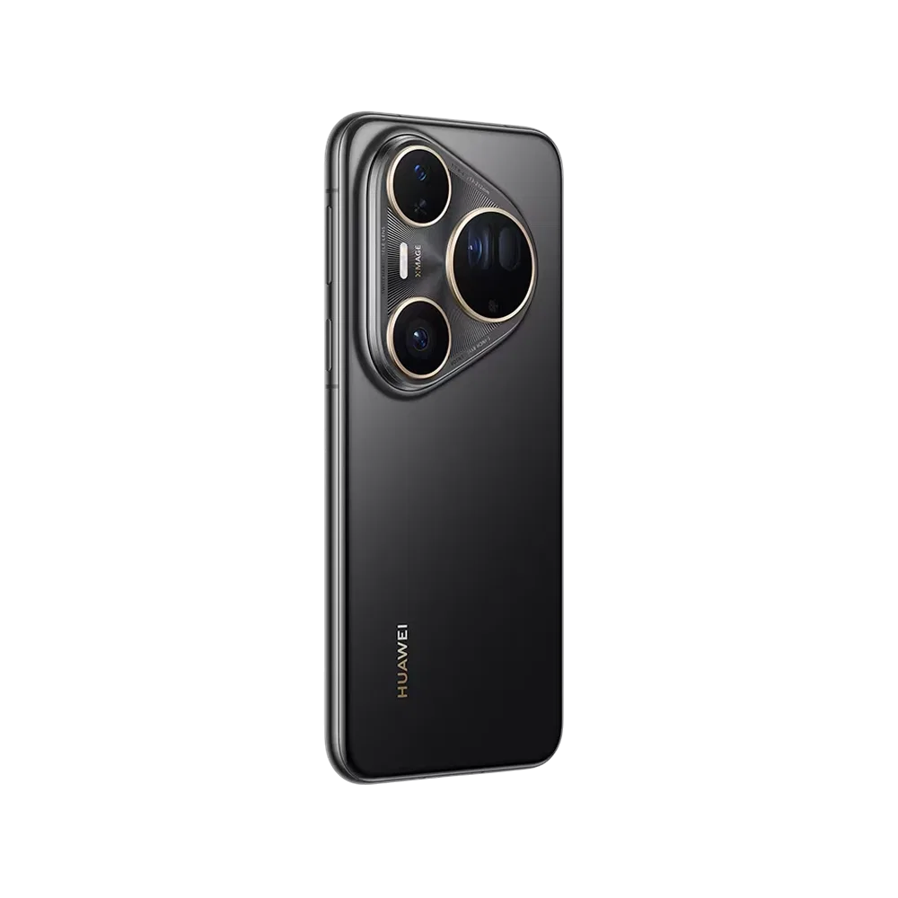 Huawei Pura 80 Ultra siyah akıllı telefonun arka yüzü, büyük üçlü kamera modülüyle çapraz açıdan görünüm