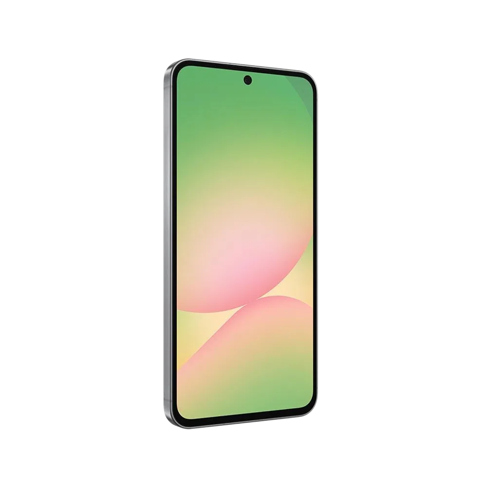 Samsung Galaxy A56 siyah akıllı telefon, önden görünüm; ince çerçeveli ekran ve orta kamera deliğiyle
