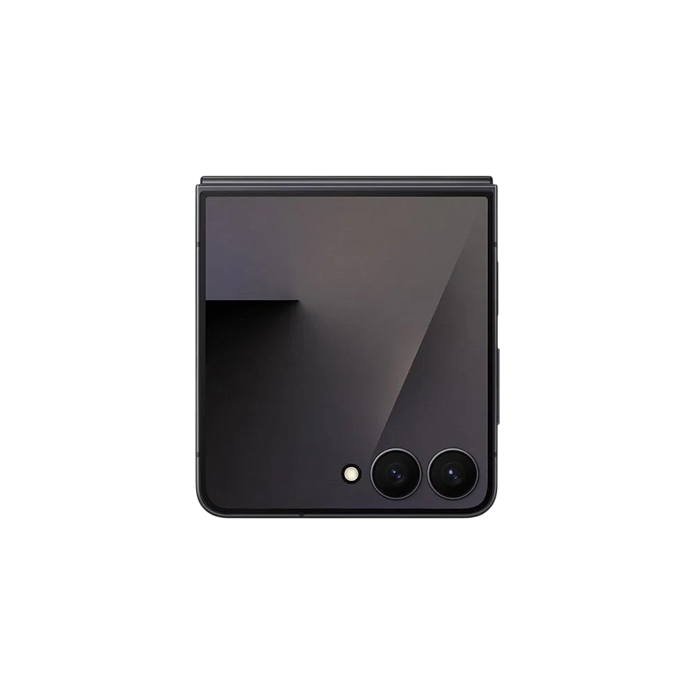 Samsung Galaxy Z Flip7 siyah katlanabilir akıllı telefon, kapalı konumda arka yüz ve çift kamera detayı