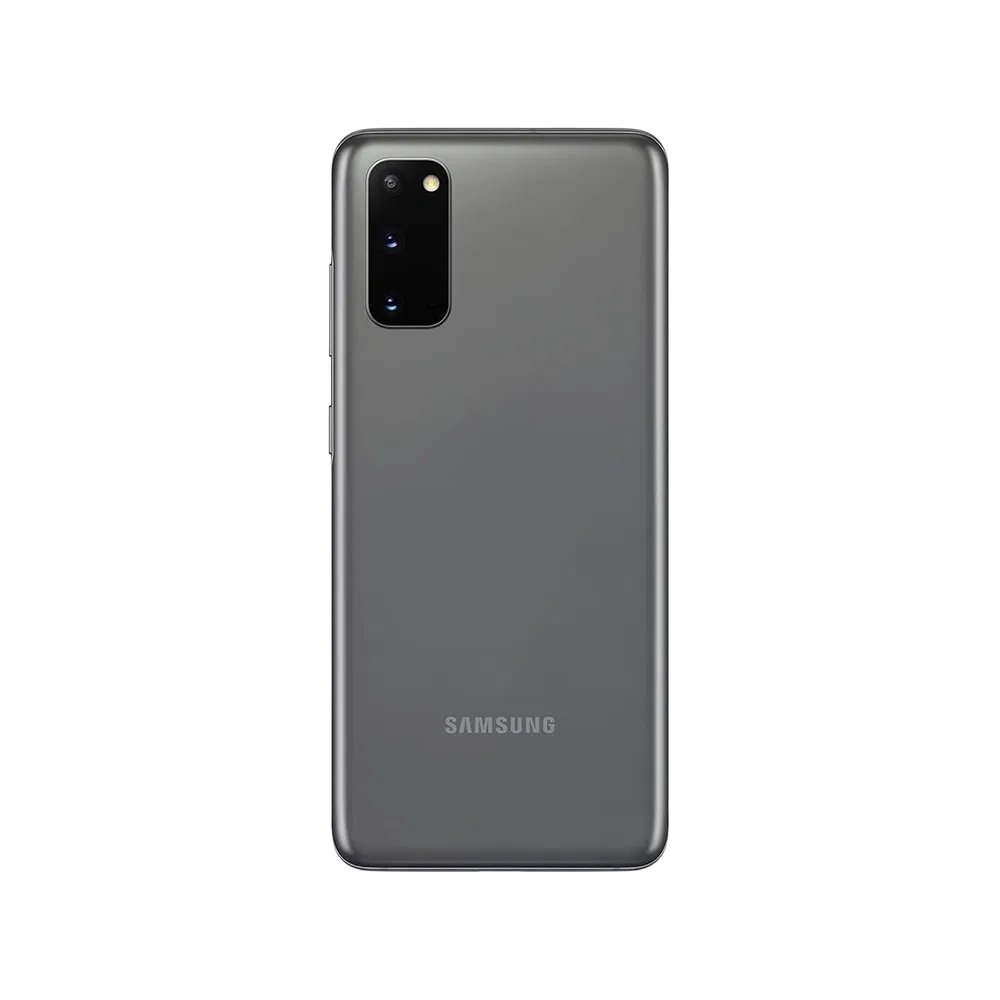 Samsung Galaxy S20 gri akıllı telefonun arka yüzü, üçlü kamera modülü ve Samsung logosu görünüyor