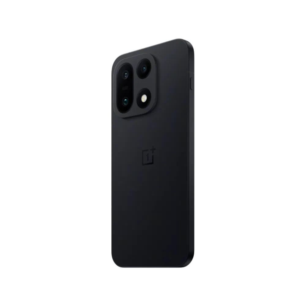 Siyah OnePlus 15 akıllı telefonun arka yüzeyi, çoklu kamera modülü ve düz kenarlı şık tasarımı