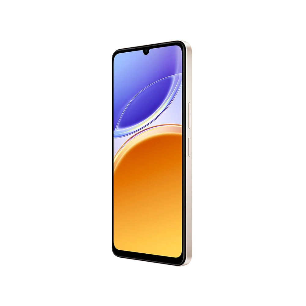 Altın renkli Vivo Y21 5G akıllı telefon, ön yüz ekranı açık şekilde yandan görünüyor