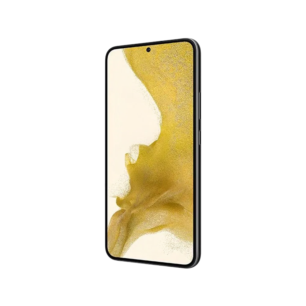 Siyah Samsung Galaxy S22 Plus akıllı telefon, ince çerçeveli ekran ve ön kamera deliğiyle önden görünüm