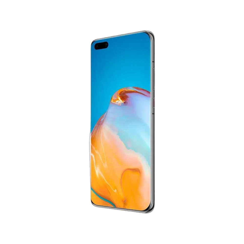 Huawei P40 Pro siyah akıllı telefon, renkli ekranı ve ince kenarlarıyla önden açılı görünümde.