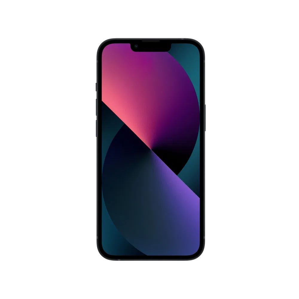 Apple iPhone 13 Mini siyah akıllı telefon, önden görünüm, çentikli ekran ve renkli duvar kâğıdı ile