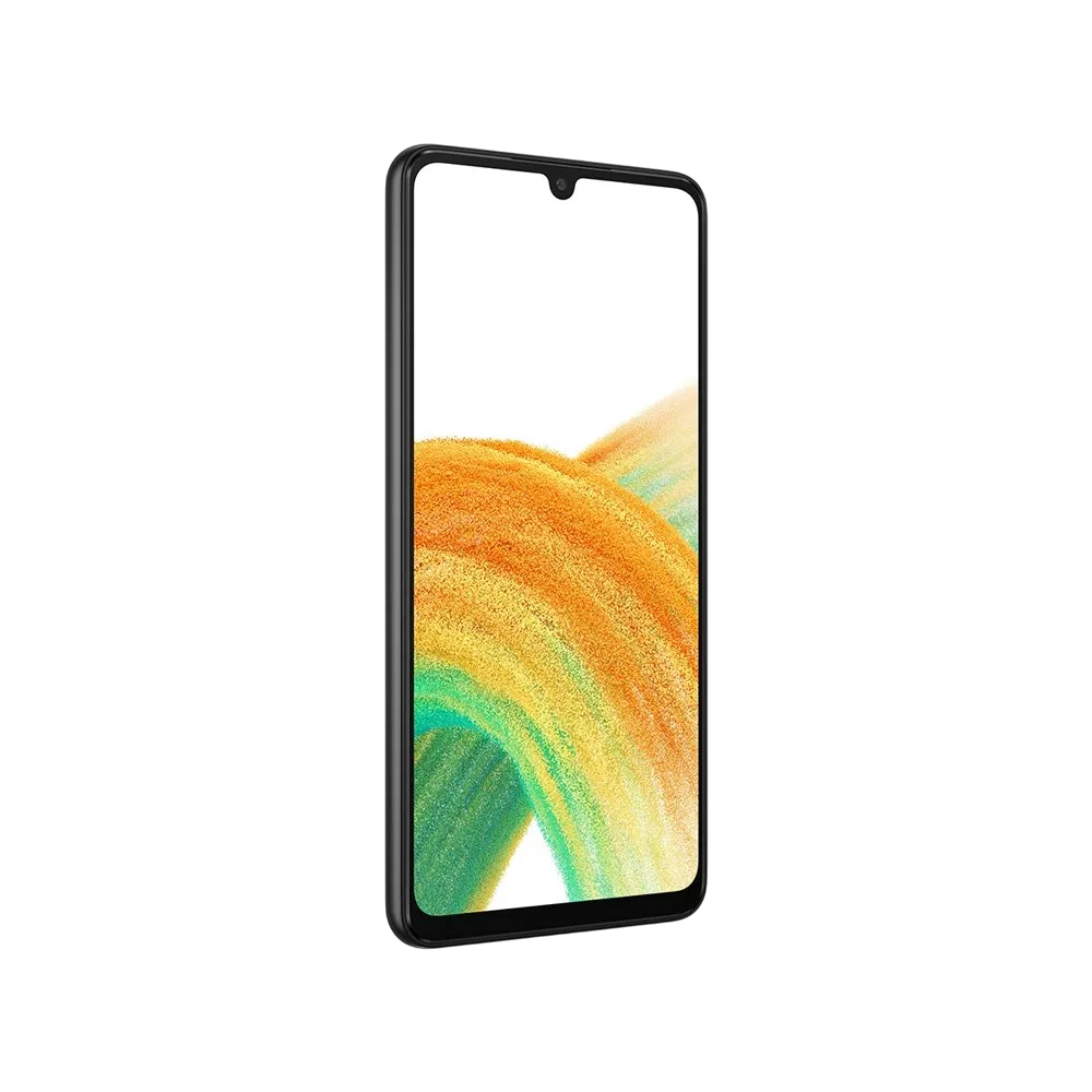 Samsung Galaxy A33 siyah akıllı telefon, önden görünümde geniş ekran ve damla çentik tasarımı