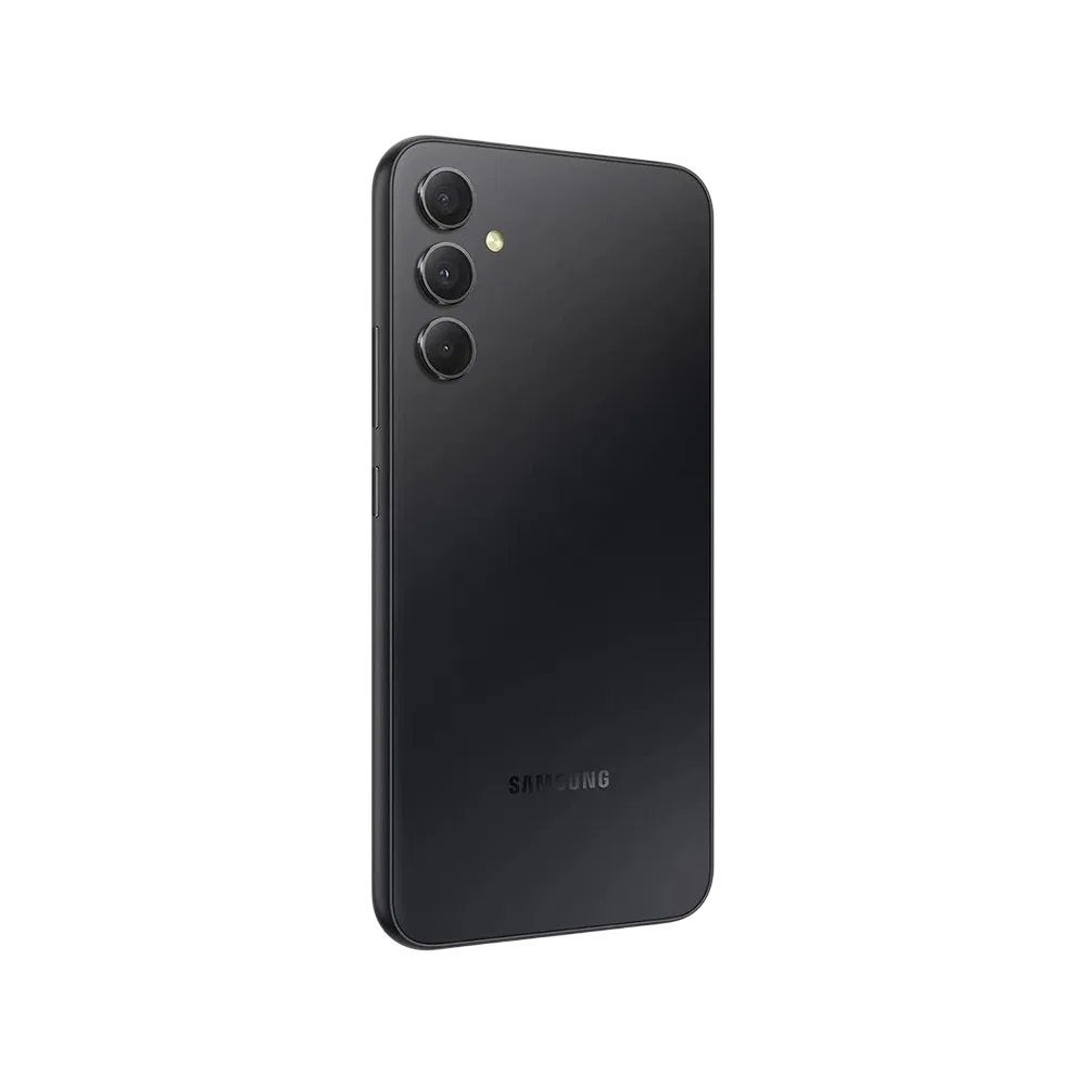 Samsung Galaxy A34 siyah akıllı telefonun arka yüzü, üçlü kamera kurulumu ve LED flaş detaylı tasarım