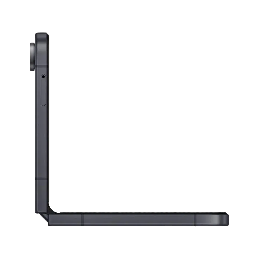 Samsung Galaxy Z Flip8 gri renkte katlanabilir akıllı telefonun yan görünümü, siyah arka planda.