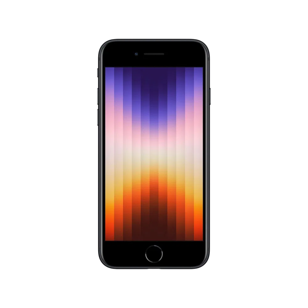 Apple iPhone SE 2022 siyah akıllı telefon, ön yüz görünümü, çerçeveli ekran ve ana ekran düğmesiyle