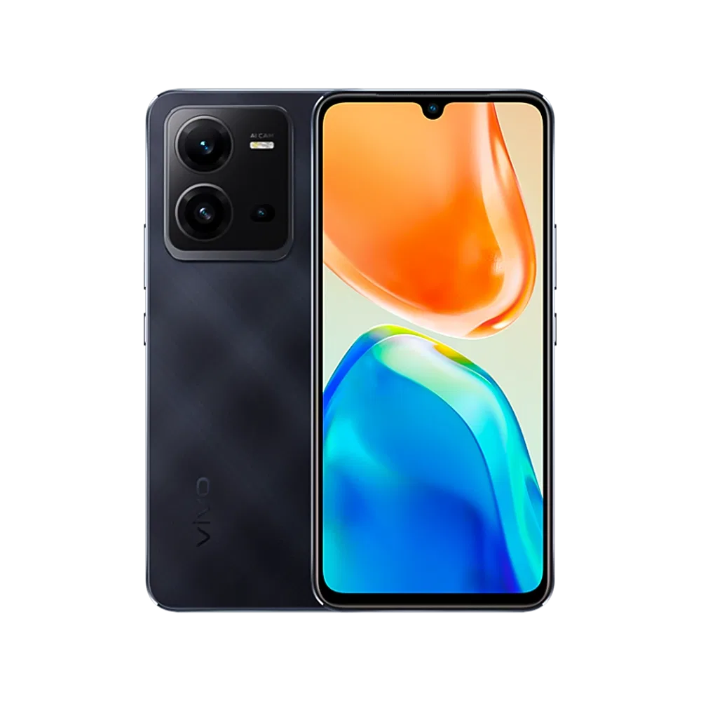 Vivo v25 siyah akıllı telefon, ön ekran ve arka çift kamera modülüyle önden görünüm ana ürün görseli