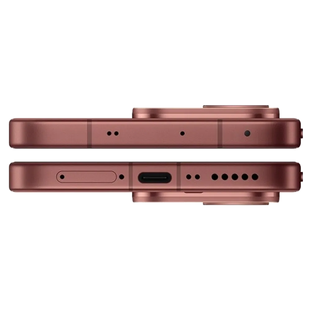 Kırmızı Vivo V70 akıllı telefonun alt kenar görünümü, USB-C şarj girişi ve hoparlör delikleri detaylı