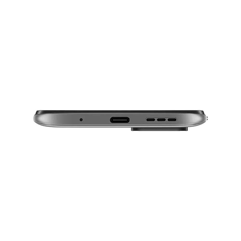 Xiaomi Redmi 10 2022 siyah akıllı telefonun alt kenar görünümü, USB-C girişi ve hoparlör ızgarası