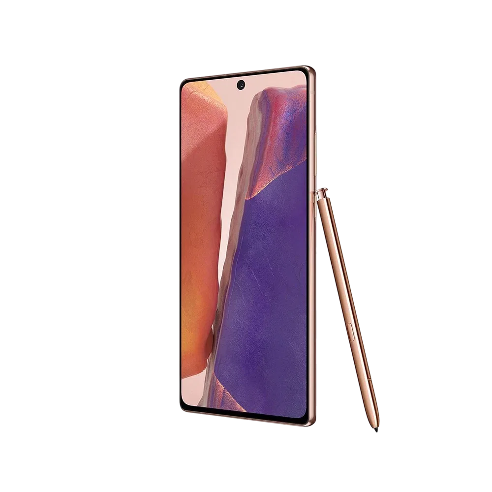 Samsung Galaxy Note 20 bakır renk akıllı telefon, ince çerçeveli ekran ve yanında S Pen kalemle önden görünüm