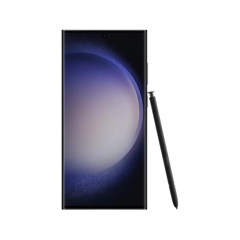 Siyah Samsung Galaxy S23 Ultra akıllı telefon, önden ekran görünümü ve yanında S Pen kalem ile birlikte