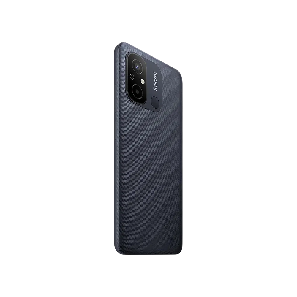 Xiaomi Redmi 12C siyah akıllı telefon, arka yüz ve kamera modülü yakın görünüm, parmak izi sensörlü