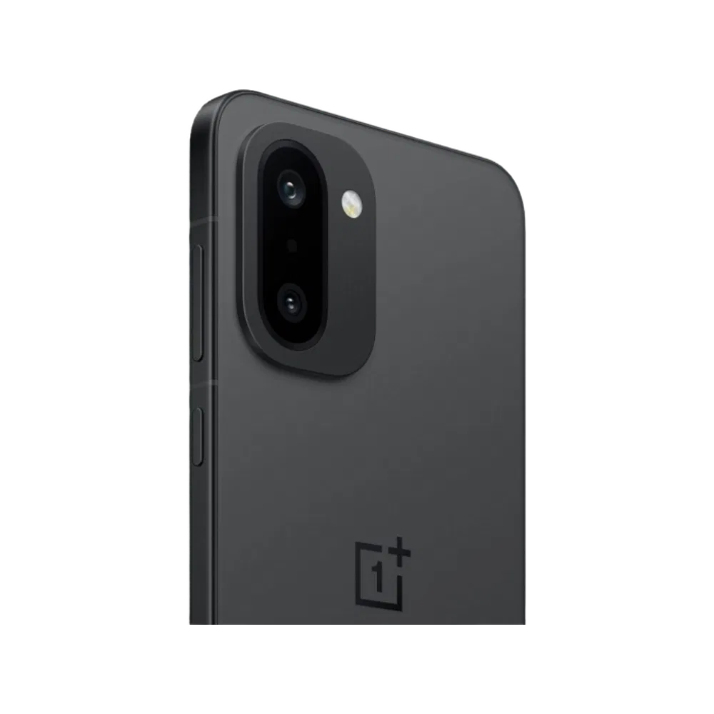 Siyah OnePlus 15r akıllı telefonun arka yüzeyi, çift kamera modülü ve sade tasarım detayıyla yakın açıdan görünümü