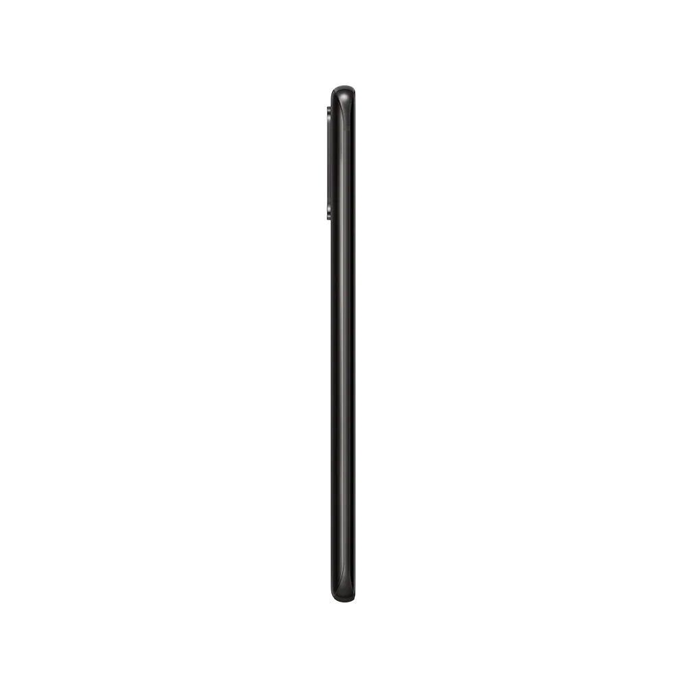 Siyah Samsung Galaxy S20 Plus akıllı telefonun yandan görünümü, ince gövde ve kamera çıkıntısı detaylı