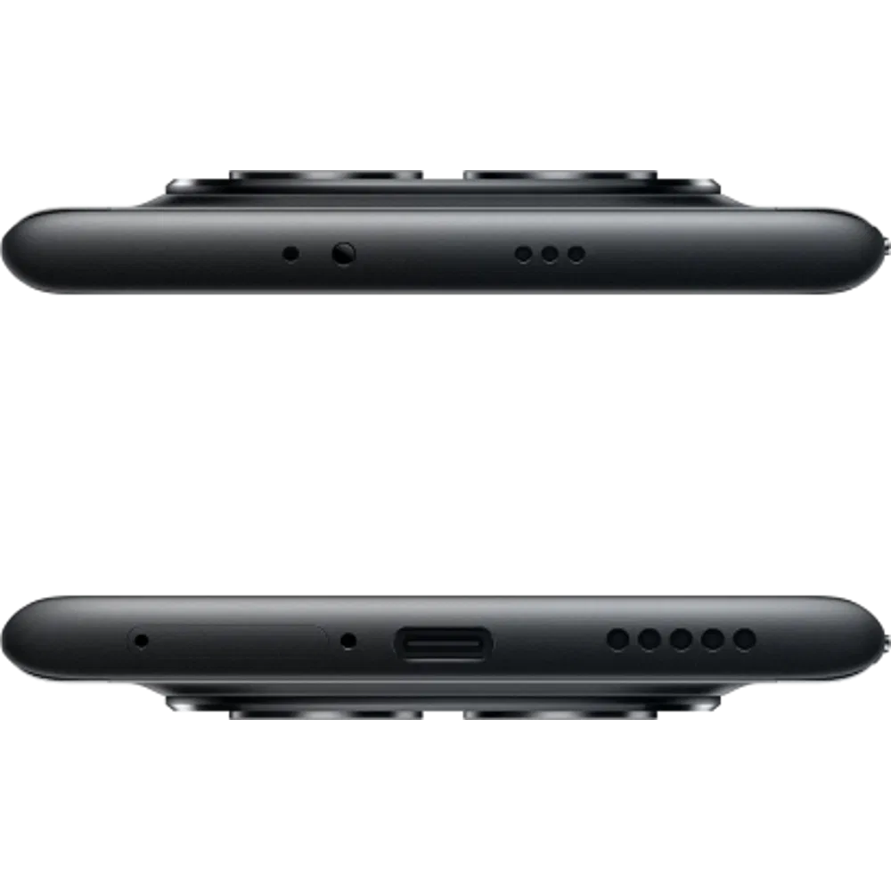 Siyah Poco M8 5G akıllı telefonun alt ve üst kenar detayları, USB-C girişi ve hoparlör ızgarası görünümü