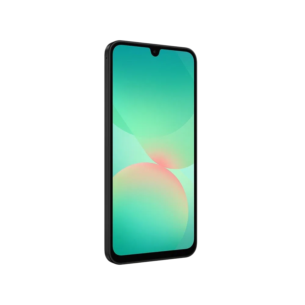 Samsung Galaxy A26 siyah akıllı telefon, önden görünüm, damla çentikli geniş ekran tasarımı