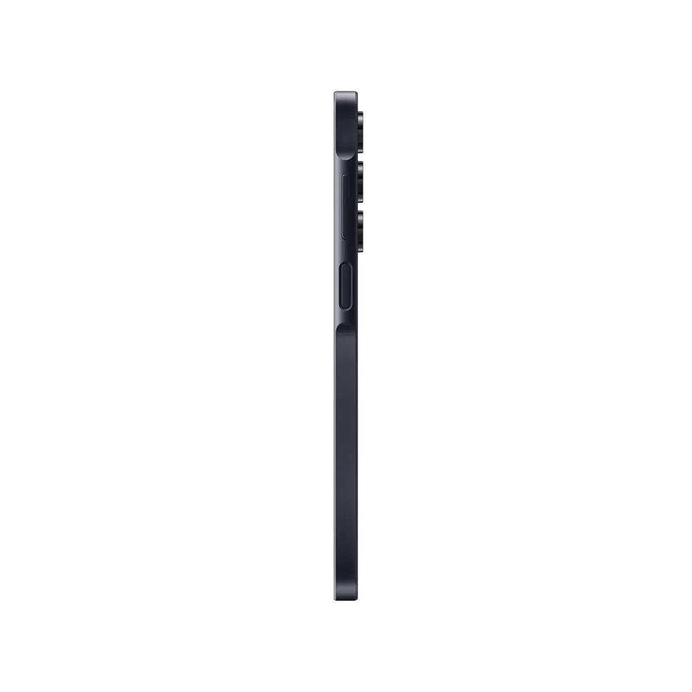 Siyah Samsung Galaxy A16 akıllı telefonun yandan görünümü, ince gövde ve kamera çıkıntısı detaylı