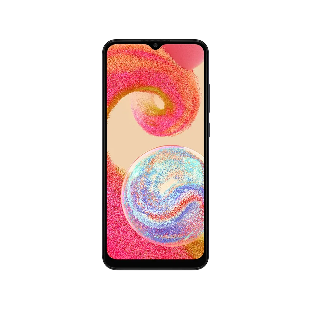 Samsung Galaxy A04e siyah akıllı telefon, önden görünüm; ince çerçeveli ekran ve damla çentik tasarımı