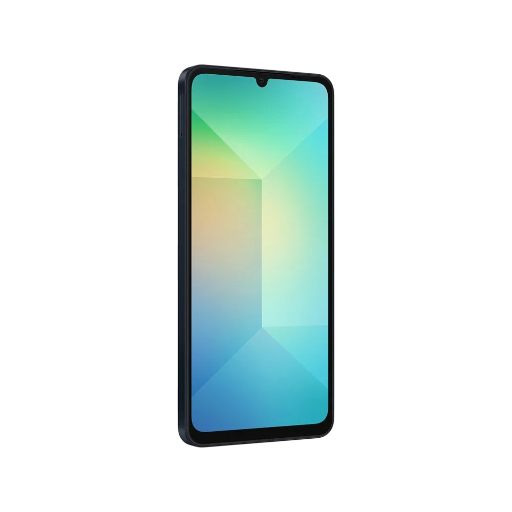 Samsung Galaxy A06 siyah akıllı telefon, ince çerçeveli geniş ekran ve damla çentik tasarımıyla önden görünüm