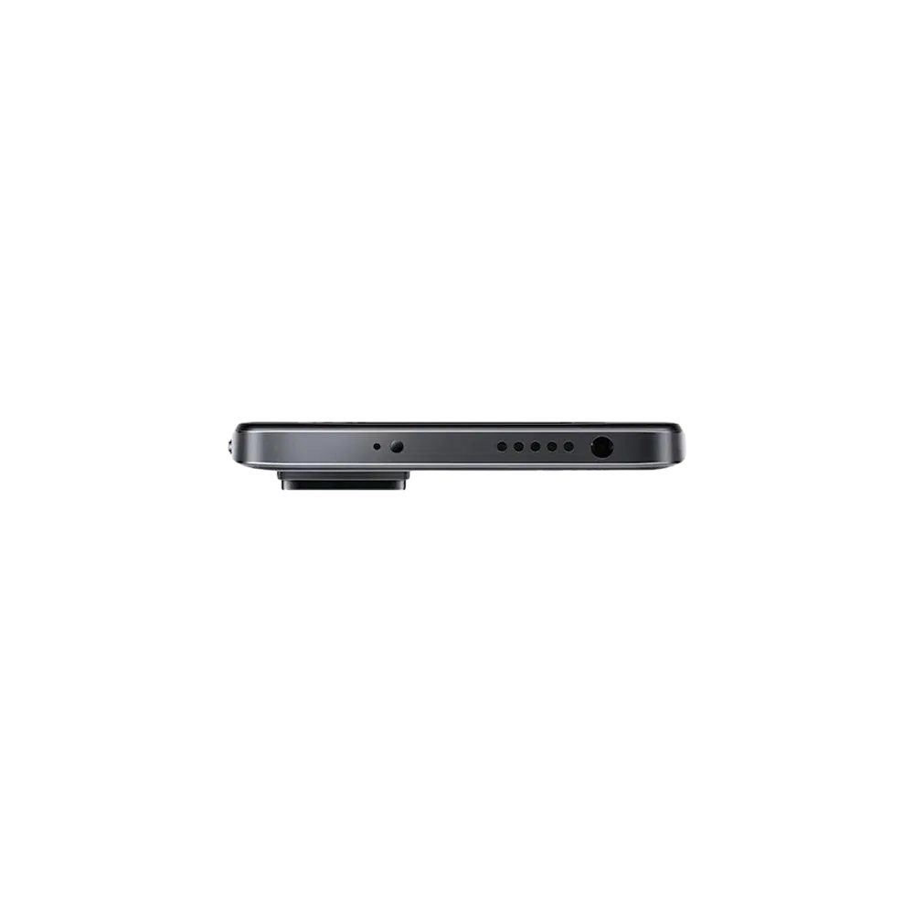 Xiaomi Redmi Note 11S siyah akıllı telefonun üst kenar görünümü, mikrofon ve hoparlör ızgarası detaylı