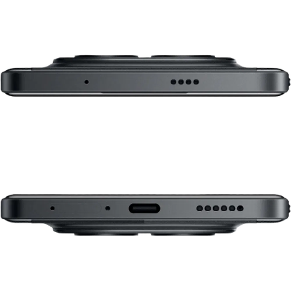 Siyah Poco M8 Pro 5G akıllı telefonun üst ve alt kenar detayları, USB-C bağlantı noktası ve hoparlör ızgarası