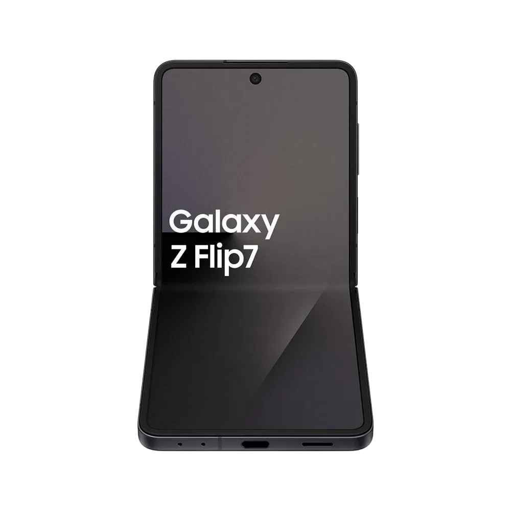 Siyah Samsung Galaxy Z Flip7 katlanabilir akıllı telefon, açık halde önden görünüm ve geniş ekran tasarımı