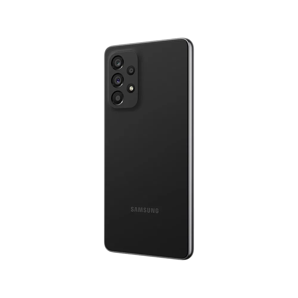 Samsung Galaxy A53 siyah akıllı telefonun arka yüzü, çoklu kamera modülü ve flaş detayıyla görünüm