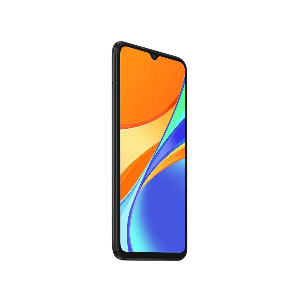 Xiaomi Redmi 9C siyah akıllı telefon, önden görünüm, çentikli ekran ve renkli arayüz tasarımı